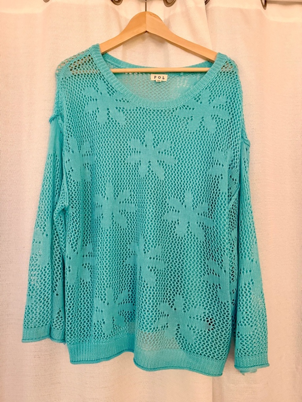 POL Aqua Floral Crochet Open-Knit Sweater